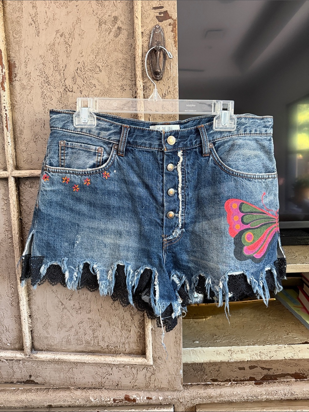 Denim Butterfly Embroidered Women's Shorts - Blue/added black lace trim